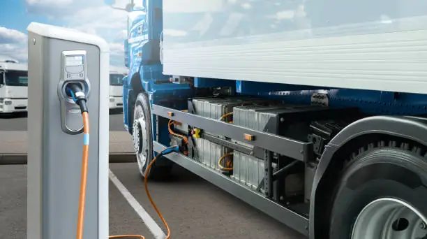 Electric truck batteries are charged from the charging station